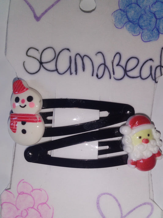 Flat snow man/small Santa (black clip)
