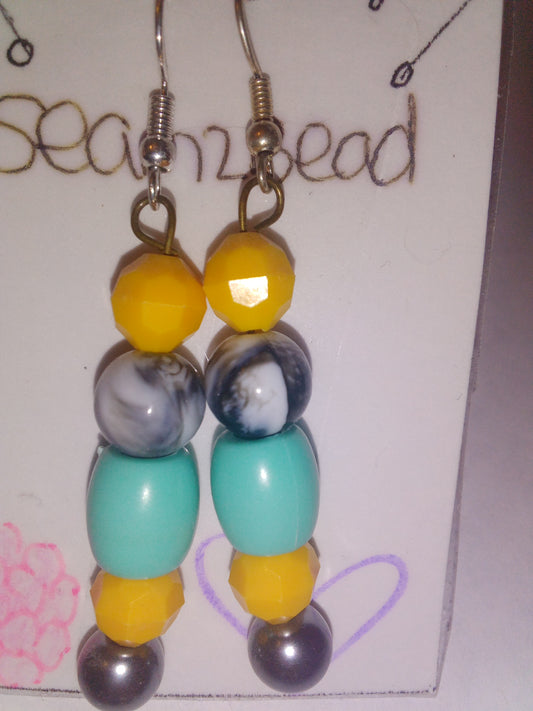 Yellow orange ball bead black/white swirl seaweed green oval beads sliver pearl bead