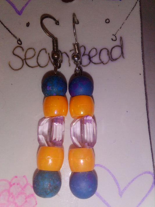 Blue bead ball with metallic orange bead with light purpl square bead