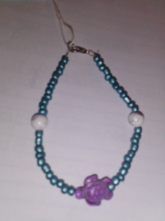 Teal seed beads with white seed bead purple turtle bracelet