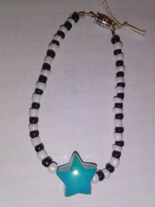 White/black seed bead with teal star bracelet