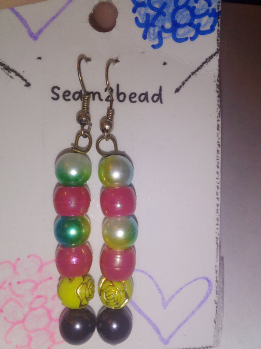 Blue/green ball bead metallic pink bead yellow gold flowers with black pearl bead