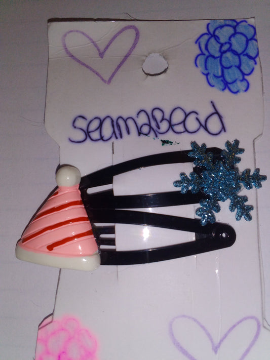 Blue glitter snow flake with pink red strips Santa hat